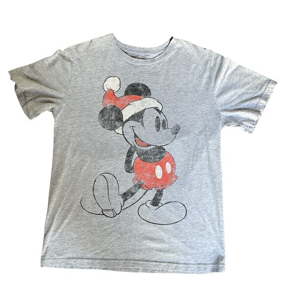 Disney Mickey Mouse Santa Hat Gray Graphic Tee – Unisex Holiday T-Shirt Size M - Picture 1 of 4